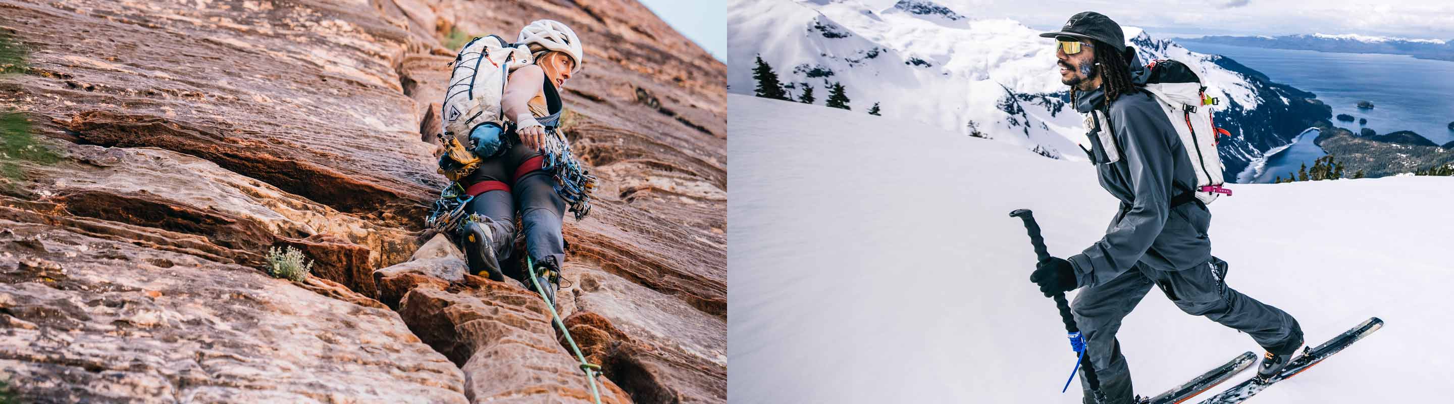 Two images of people hiking; one on rocky terrain, the other on snow with skis a scenic background.