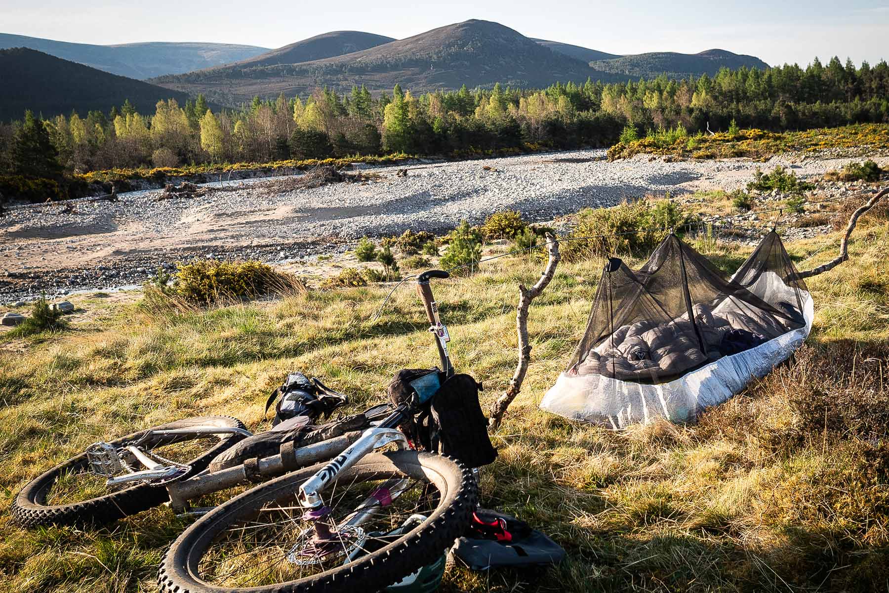 Bicycle and camping gear in a scenic outdoor setting with mountains and trees.