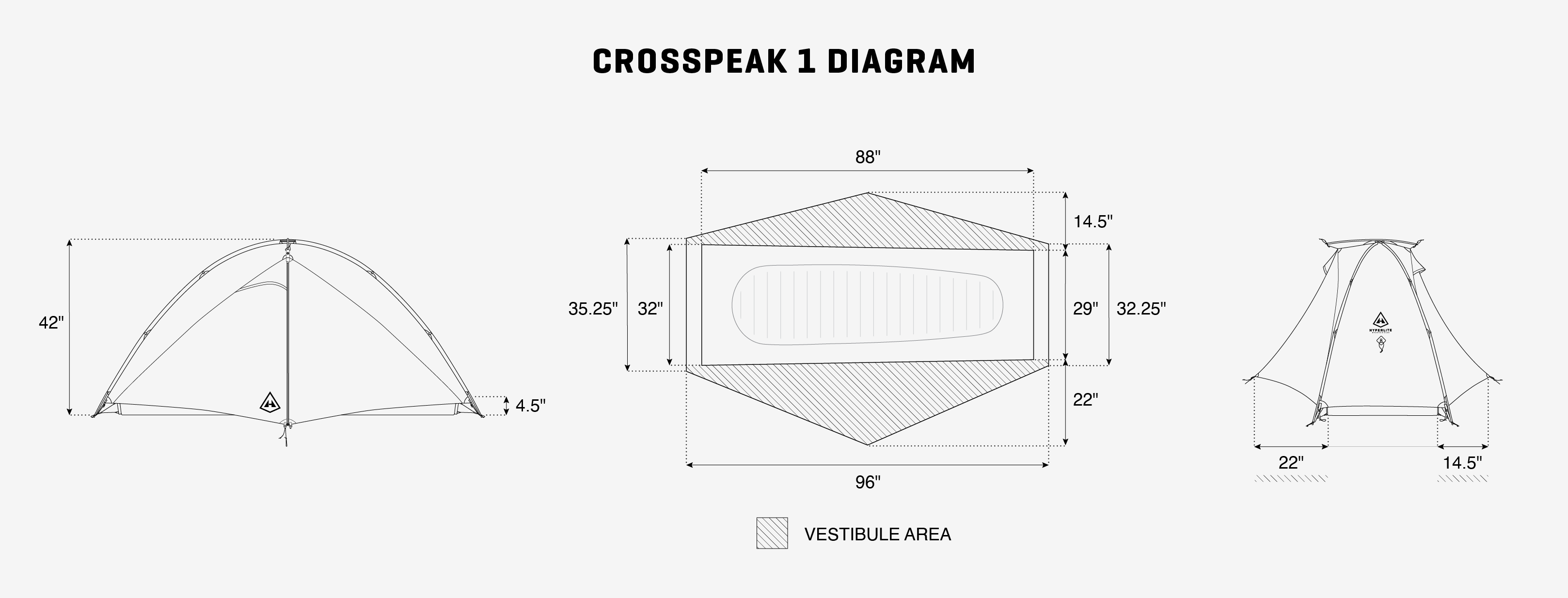 Diagram of a crosspeak 1 tent with dimensions on a white background