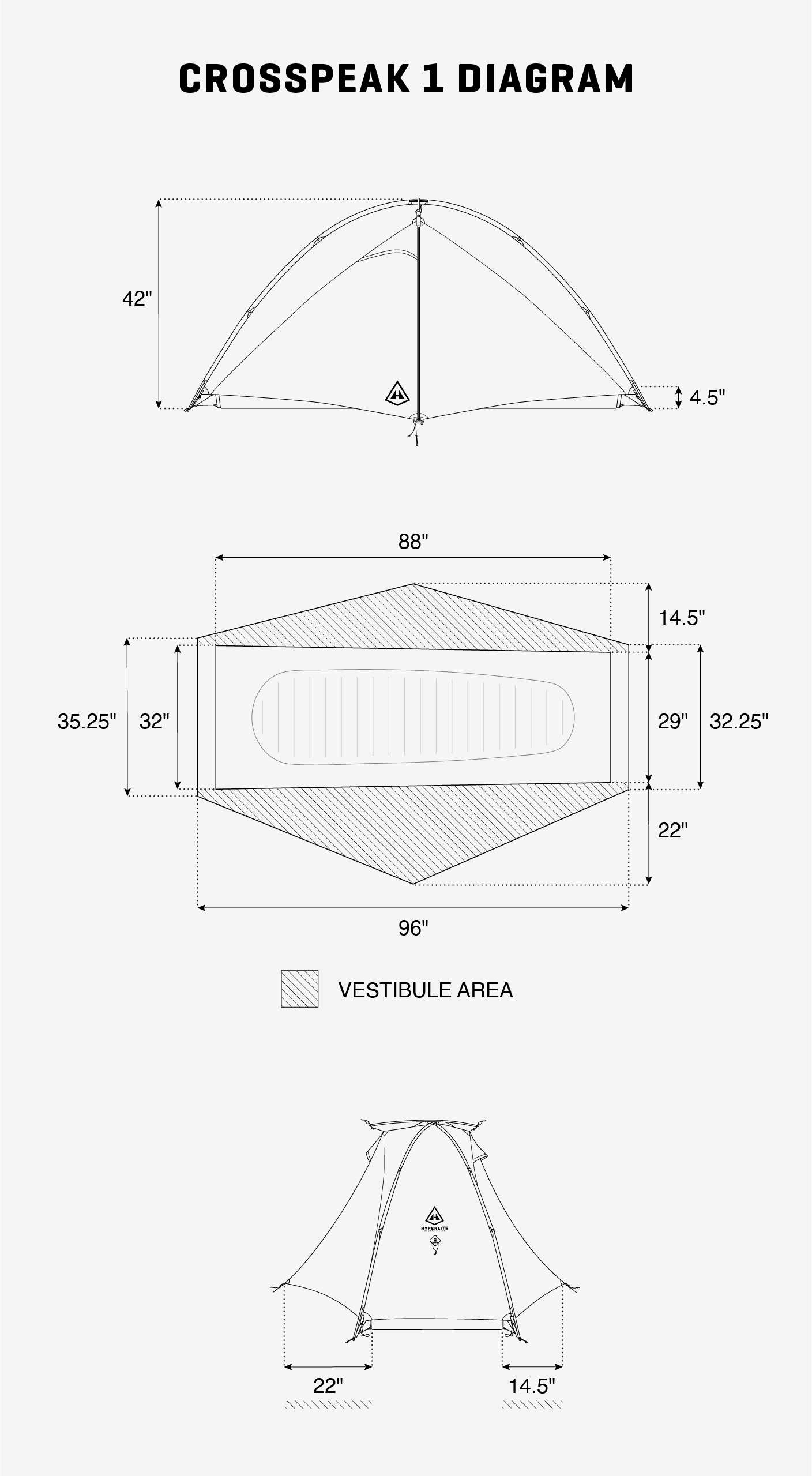 Technical diagram of a Crosspeak 1 tent with dimensions on a white background