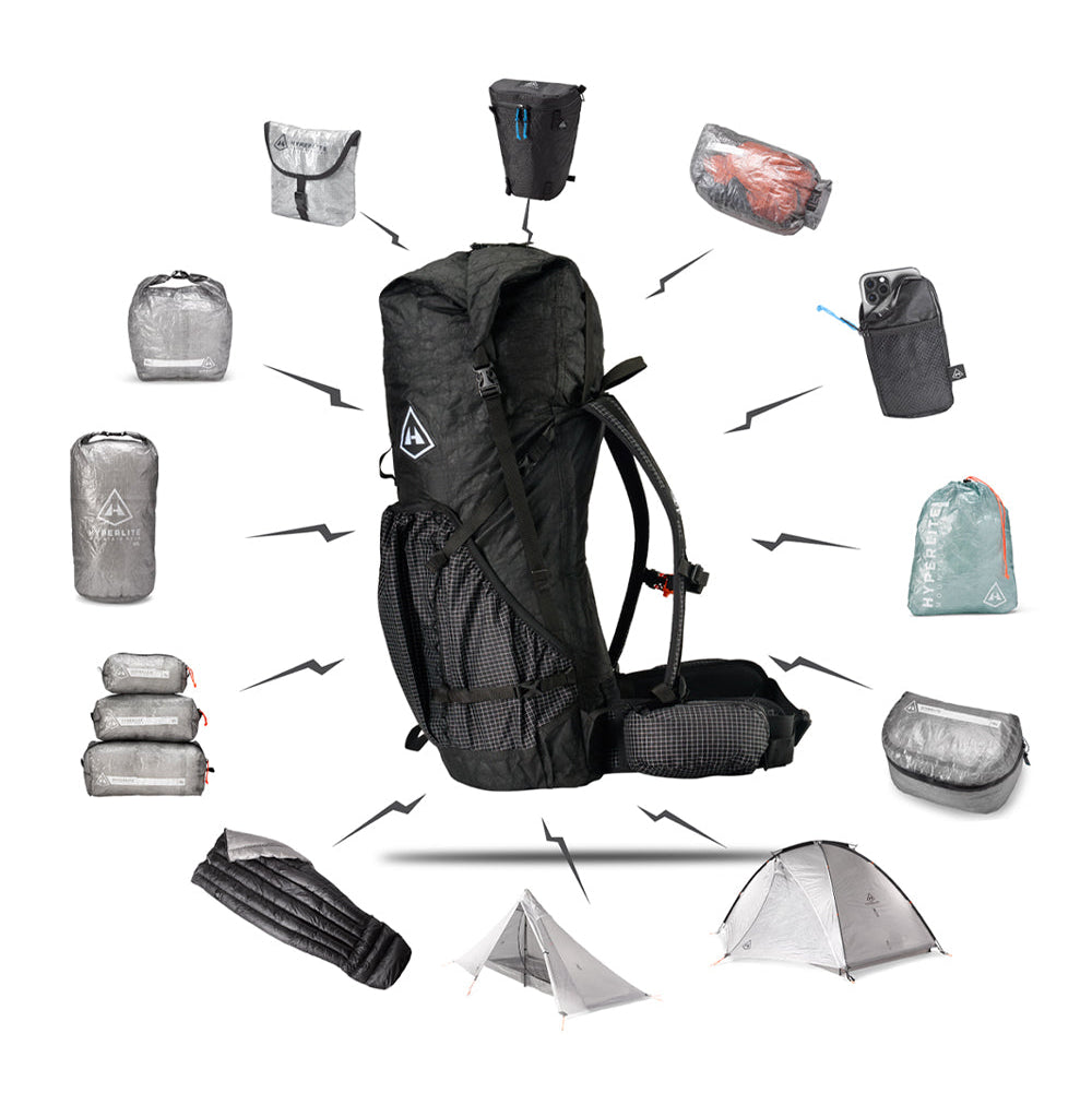 Southwest backpack with various outdoor gear items displayed around it on a white background