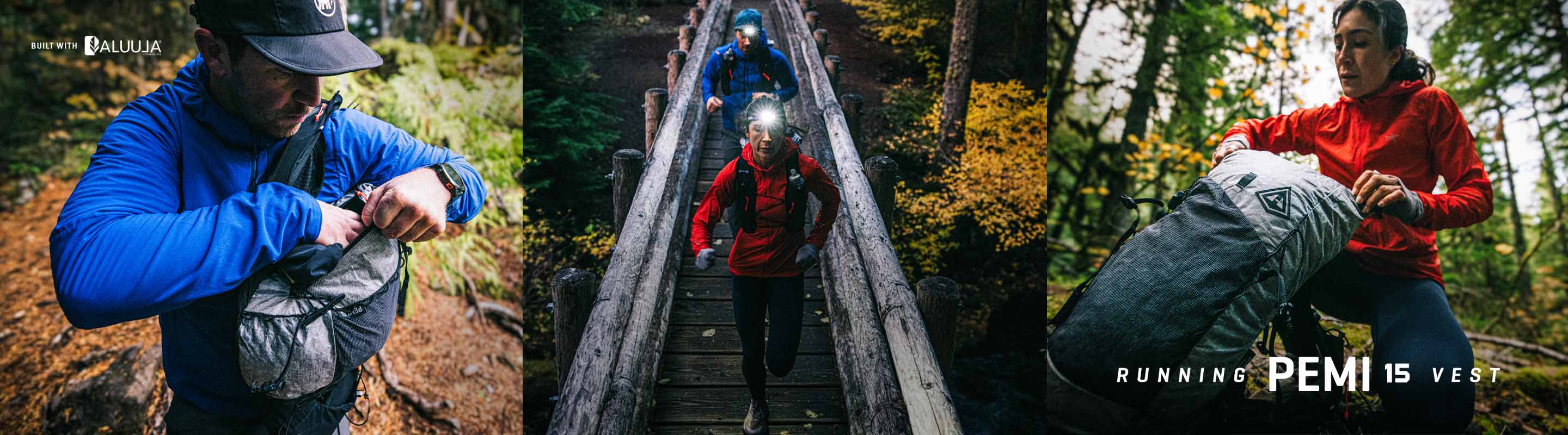 Three outdoor scenes with people in action: a person in blue preparing gear, a runner on a wooden bridge, and a person in red with a backpack.