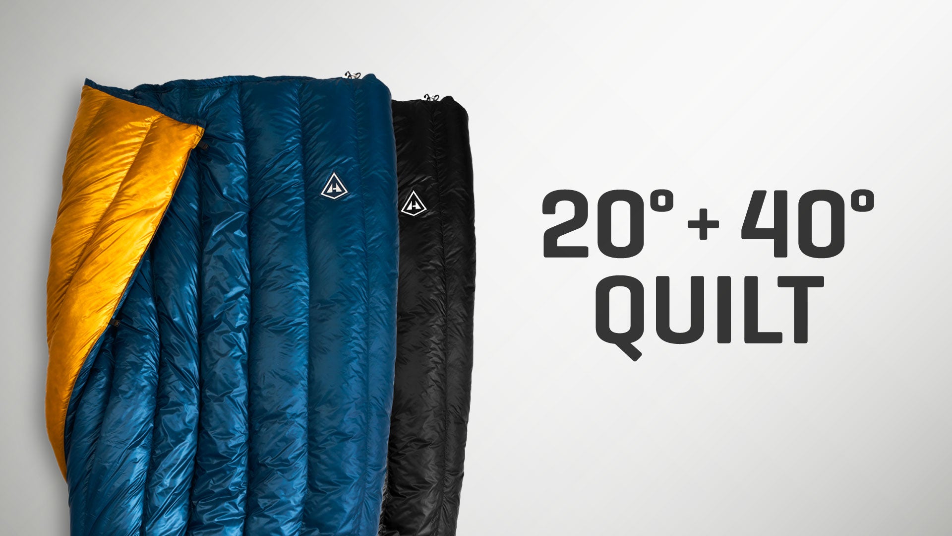 Two sleeping quilts, one blue and yellow, one black, on a white background with text '20° + 40° QUILT'.