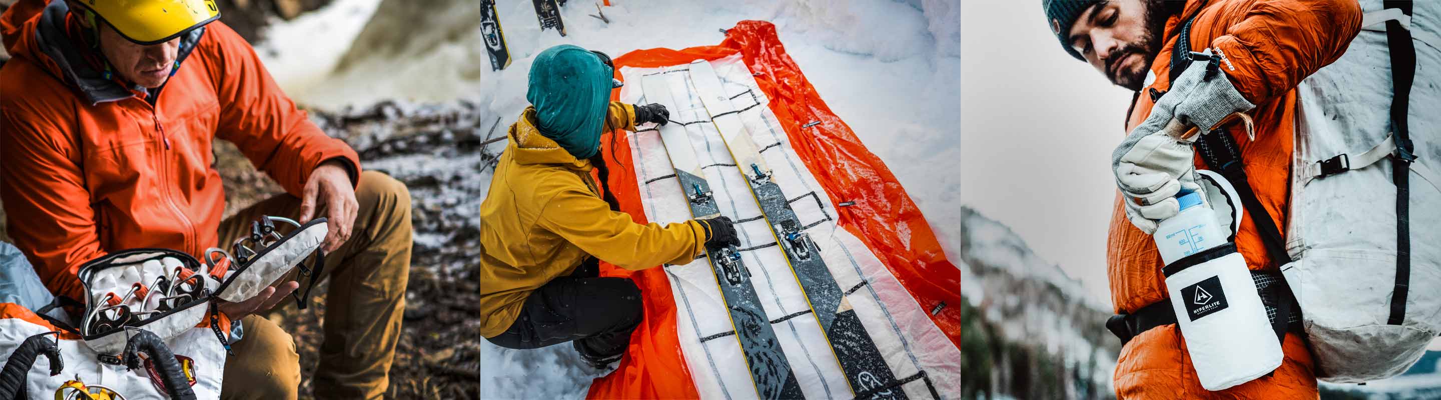 Three people preparing for a skiing trip in snowy conditions, with gear and equipment.